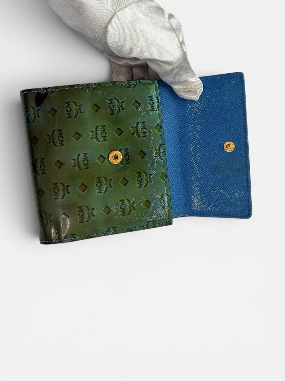 MCM Olive Green Monogram Leather Wallet with Gold Button - Picture 4 of 8